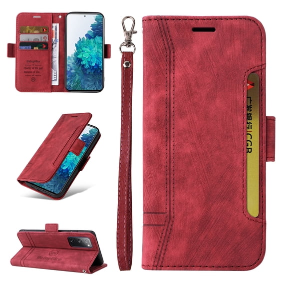 Allytech Case for Samsung Galaxy S20 FE/Lite,PU Leather Wallet Cover with ID Credit Card Slots,Magnetic Buckle Flip Stand Shock Absorption Protective Phone Case + Wrist Strap,Red