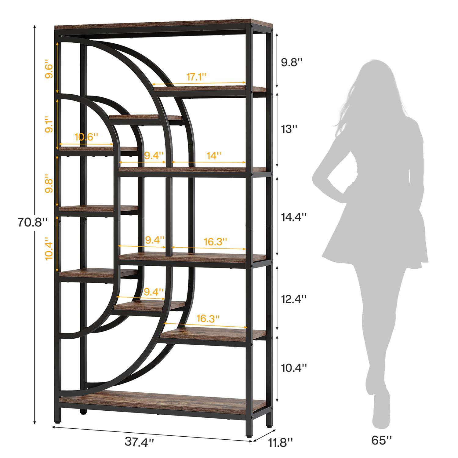 Demi Bonn 70" Industrial Metal & Wooden Bookcase, Stylish Display Shelf, Living Room Storage Rack, Modern Decorative Shelf for Home, Brown