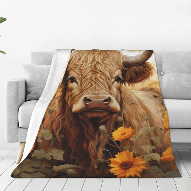 Balery Vintage Sunflower Cow Manta de Felpa Suave y Acogedora – Cobija de Franela Aterciopelada para Cama, Lavable y Cálida para Sofá, Mascotas, Transpirable-80"x60"