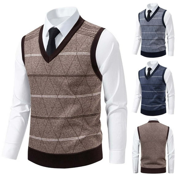 YHAJDS Men's Winter Casual Sweaters,Knitted Sweater Men Sleeveless Sweater Men Thickened Fleece Lined British Striped Elastic V Neck Pullover for Winter