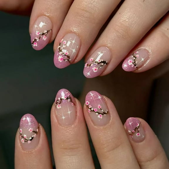 Flower Press on Nail Spring False Nail Short Oval Stick on Nail Glitters Acrylic Artificial Nail Manicure Nail Accesory