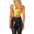 thumbnail image 3 of Metallic Crop Top for Women's One Shoulder Halloween Day Party Clubwear Shiny Holographic Tank Tops M Gold, 3 of 6