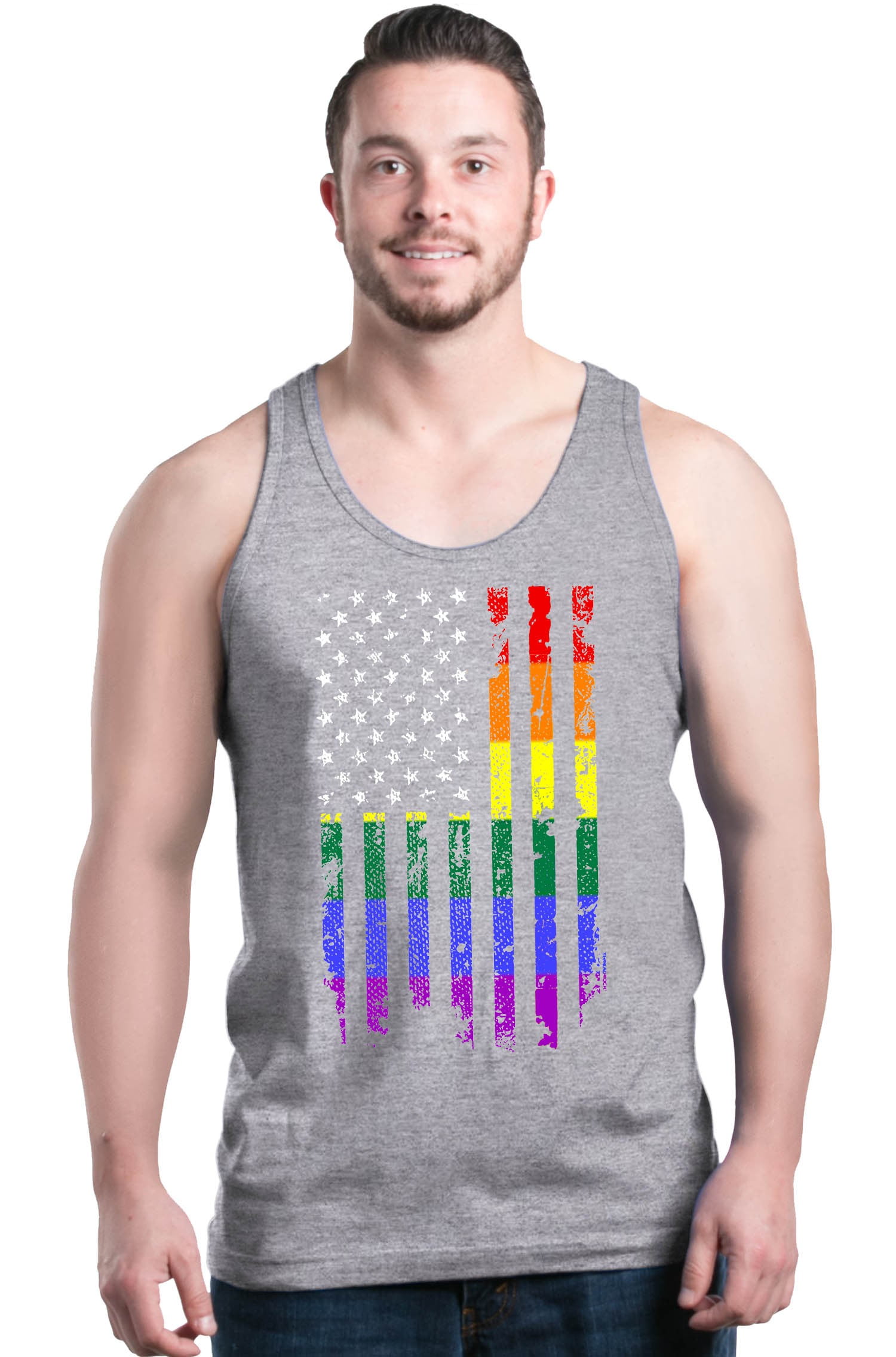 Shop4Ever Men's Distressed Rainbow Flag Gay Pride Graphic Tank Top