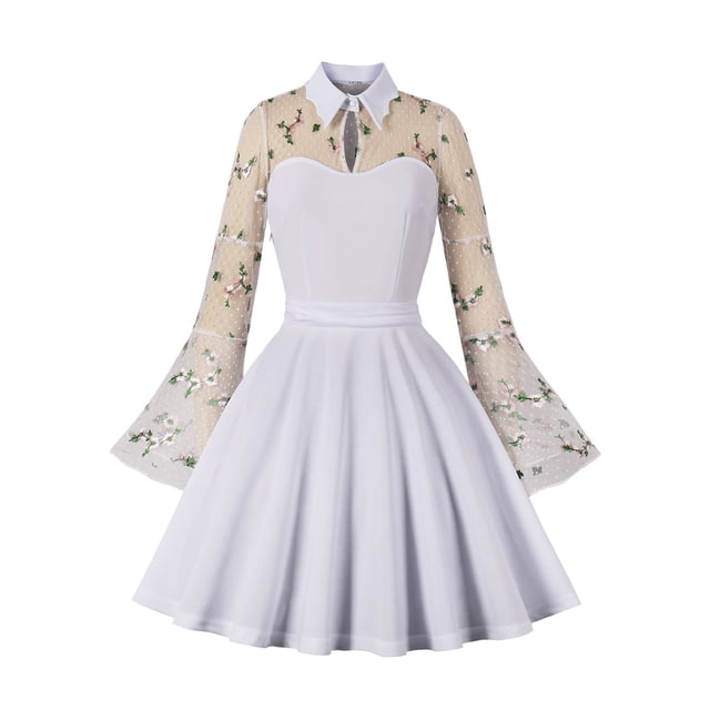 ZAXARRA Robe Longue Évasée à Manches Longues en Maille Brodée de Fleurs pour Femmes Mode Automne Décontractée Midi