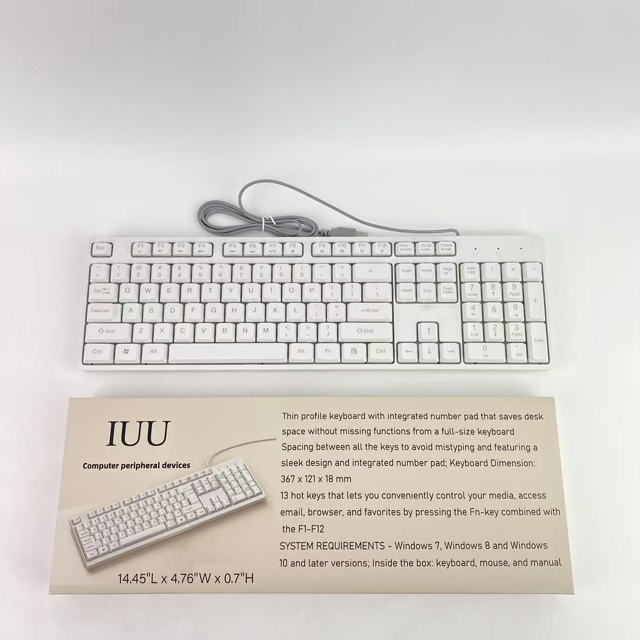 IUU Computer peripheral devices,Wired Quiet USB Keyboard - 14.45x4.76x0.70 Inches - Compact Design with Number Pad - White - US English
