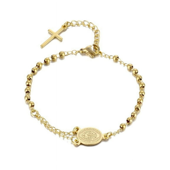 Cross Rosary 14K Yellow Gold Bracelet For Women Men Virgin Mary Religious Prayer Bead Link Chain on Hand Christian Jewelry Adjustable