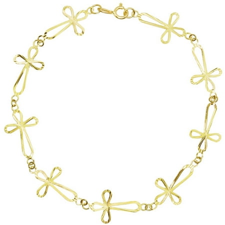 American Designs 14kt Yellow Gold Diamond-Cut Cross, Religious, Link Bracelet 7.5 Chain