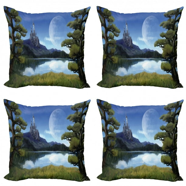 Fantasy Throw Pillow Cushion Case Pack Of 4 Moon Surreal Scene With Riverside Lake Forest And
