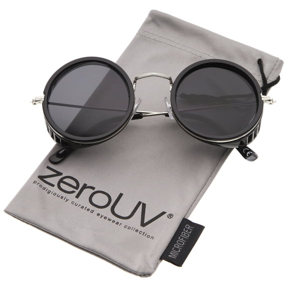 zeroUV Unisex Retro Steampunk Side Cover With Cutouts Thin Metal Temples Round Sunglasses 47mm (Black-Silver / Smoke) - 47mm