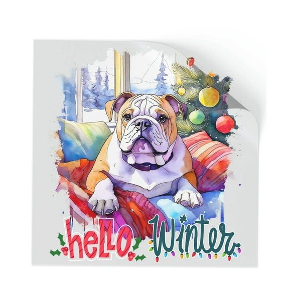 Watercolor Hello Winter Bulldog Chill Christmas Welcome Cutout Transfer Sticker Dog Lover Gifts Idea Transparent Decal Art Decor - 00016