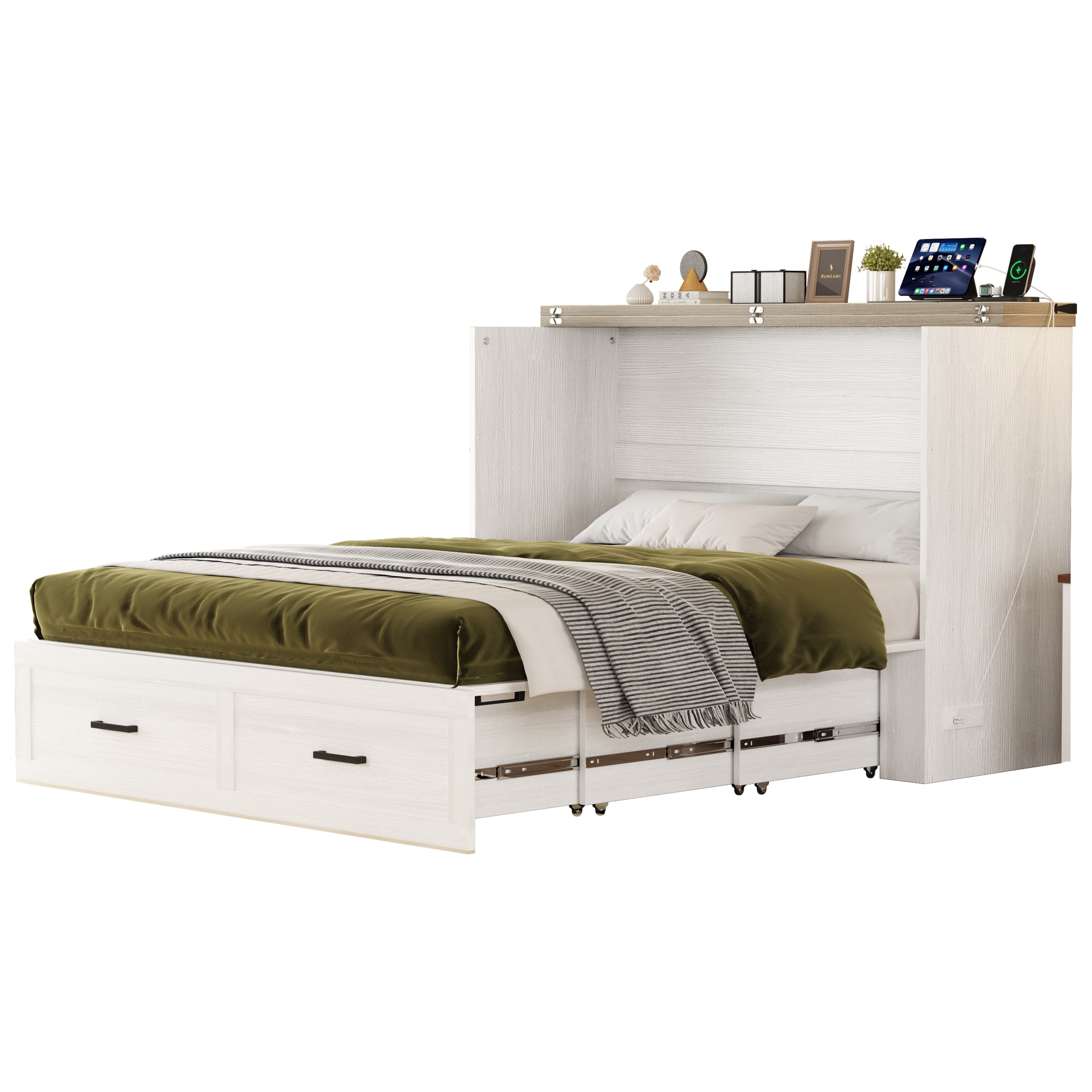 Mintazer Queen Farmhouse Murphy Cabinet Bed with Charging Station & Storage Drawers, Foldable Platform Bed for Bedroom Guest Room, White