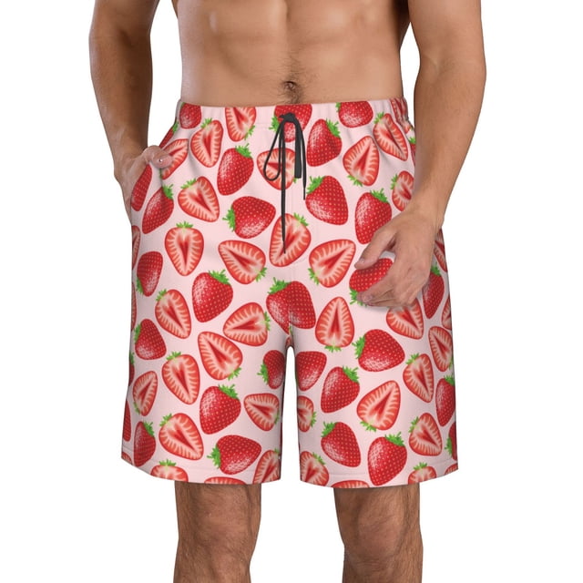 Fotbe Cute Strawberry Trajes de Baño Estampados para Hombre, Shorts de Verano de Secado Rápido, Ropa de Playa, Bañadores-Large