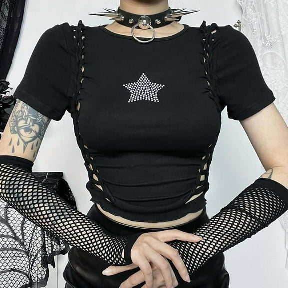 Hollow Out Gothic Hand-knitted Rhinestoned Short Sleeve T-shirt Women Harajuku Embroidery Punk E Girl Crop Tshirt