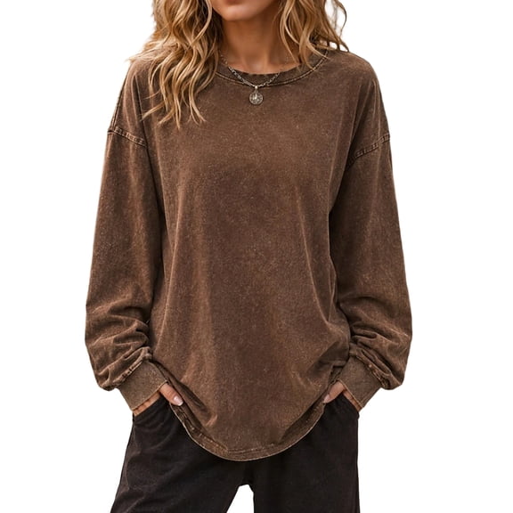 Vintage Crewneck Sweatshirts Women Washed Long Sleeve Oversized Sweater, M