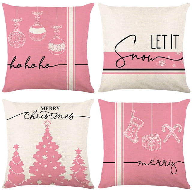 CHAO Juego de 4 fundas de almohada navideñas, rosa, decoración de jardín, fundas de almohada Feliz Navidad de algodón y lino, 45 x 45 cm