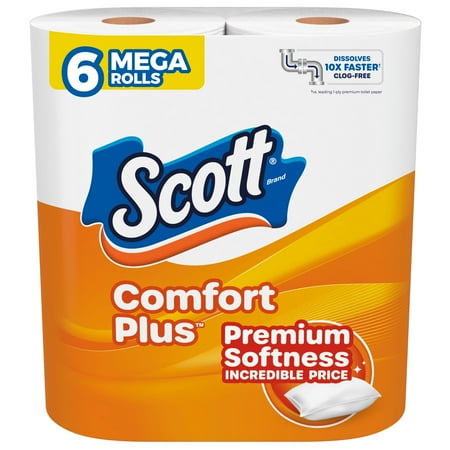 Scott Comfort Plus Toilet Paper, 6 Mega Rolls, 425 Sheets per Roll, Septic-Safe, 1-Ply Toilet Tissue 6=24