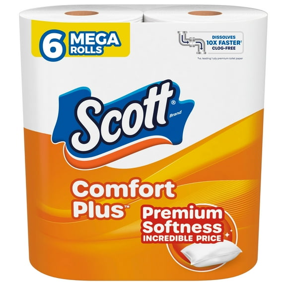 Scott Comfort Plus Toilet Paper, 6 Mega Rolls, 425 Sheets per Roll, Septic-Safe, 1-Ply Toilet Tissue 6=24
