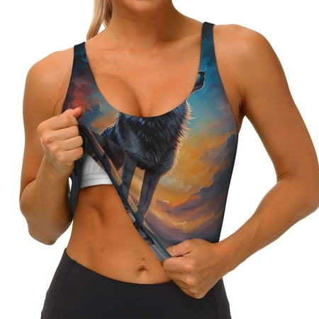 Qokaie Moonlit Night Sky Wolf Pattern Womens Scoop Neck Sports Bra Breathable Workout Vest Padded U Back Medium Impact Fitness Gym Yoga Bra Workout Crop Top