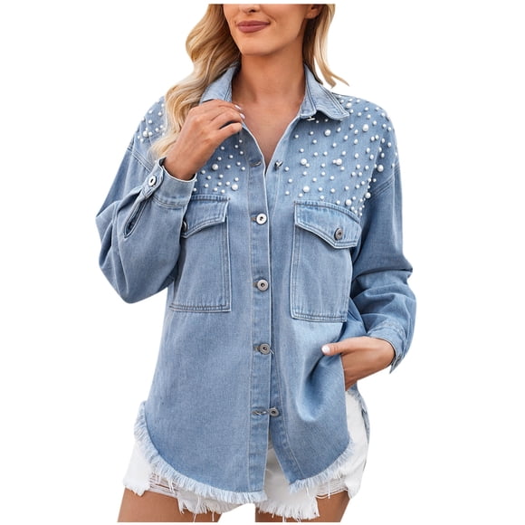 Women's Oversized Jean Jacket Womens Plus Denim Stretch Denim Jacket, Women's Oversized Mid Long Denim Jacket Jean Biker Coat S-110 Blue S
