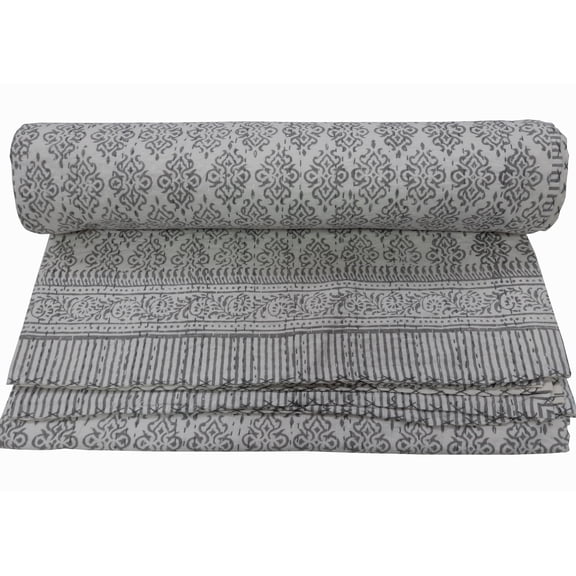 Silk gram Grey Hand Block Print Kantha Quilt Cotton Bed Cover King Size Bedspread Home Decor Sheet