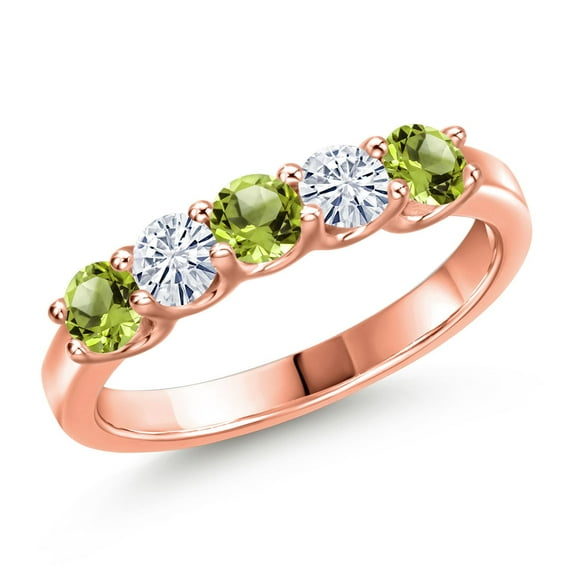 Gem Stone King 18K Rose Gold Plated Silver Green Peridot and White Moissanite Wedding-Bands Ring for Women | 0.94 Cttw | Round 3.5MM | Gemstone August Birthstone | Size 7