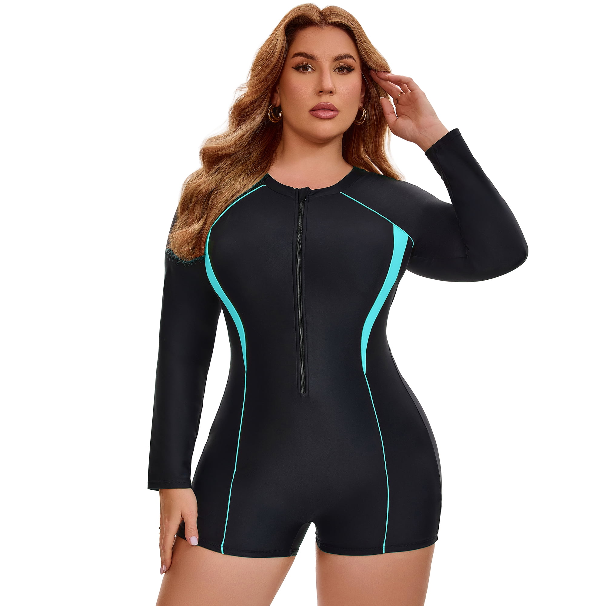 DARING DIVA Women's Plus Long Sleeve Surfing Bathing 1 Suit L Black Turquoise