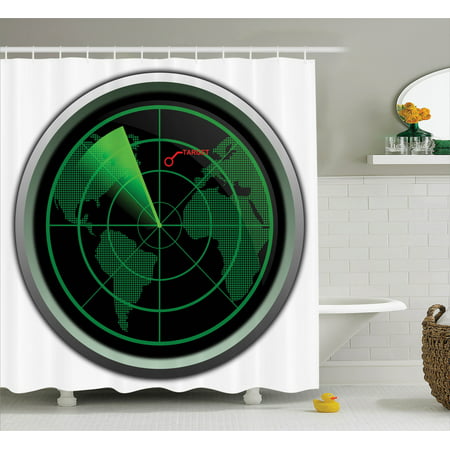 Airplane Decor Shower Curtain Set, Military Radar Screen Global Defense Danger Detecter Scanner Signal System Graphic, Bathroom Accessories, 69W X 70L Inches, By
