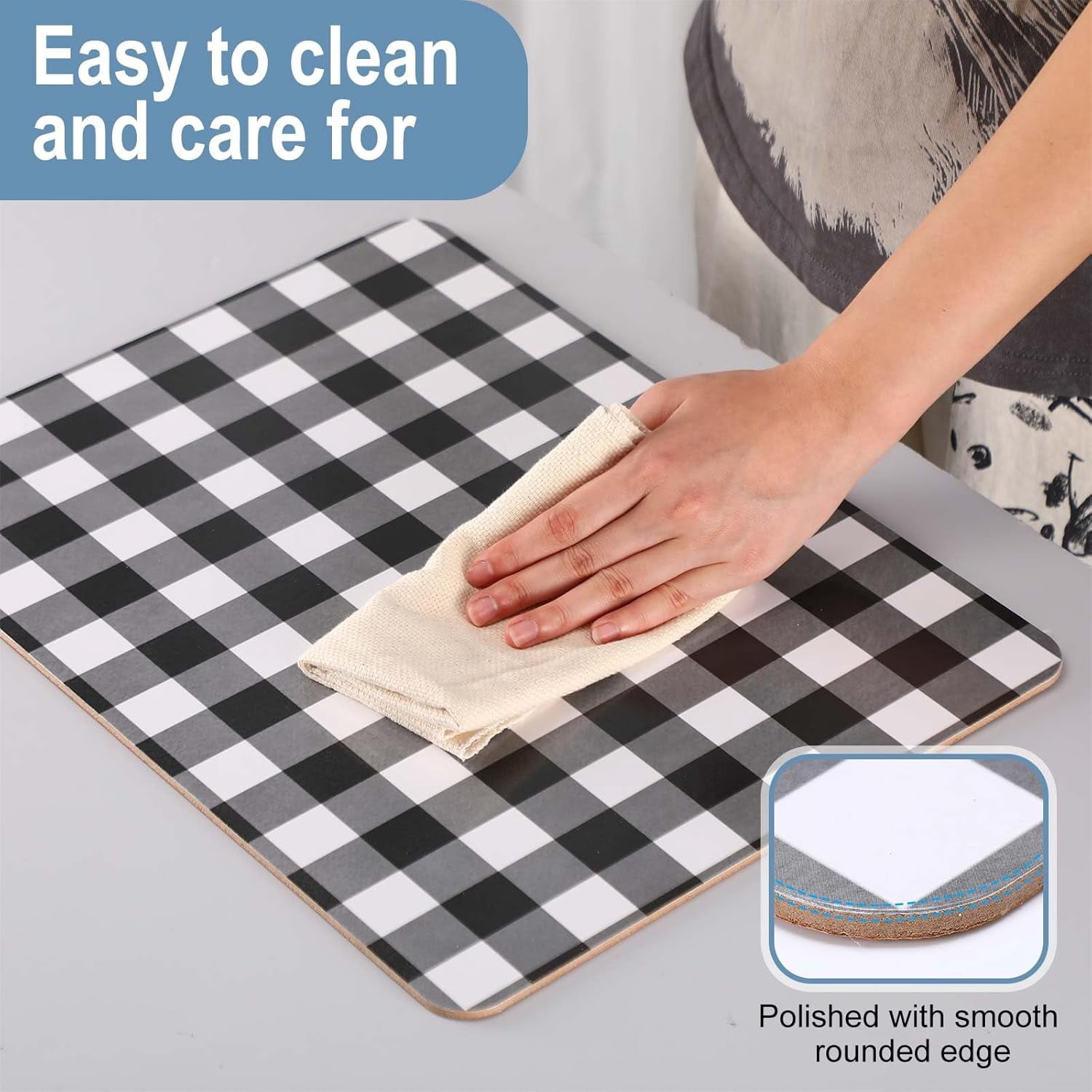 Plaid Cork Placemats Set of 8 Gingham Placemats 16 x 12'' for Kitchen and Dining Tables Heat Resistant Hard Thick Cork Backed Easy Clean Table Mats
