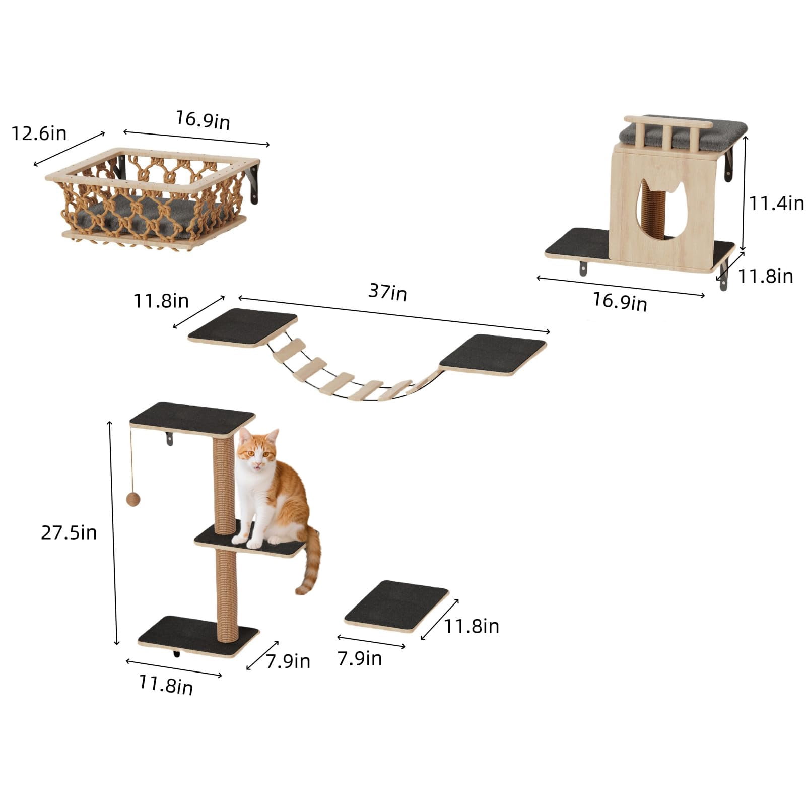 5-in-1 Cat Wall Shelves Set With Hammock  Wall-mounted Furniture Includes Condo Bridge Ladder & Steps For Indoor Cats Safe Stable (gray)