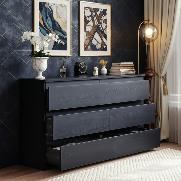 HSUNNS 6 Drawer Double Dresser, Black Storage Organizer Cabinet Chest for Bedroom Living Room