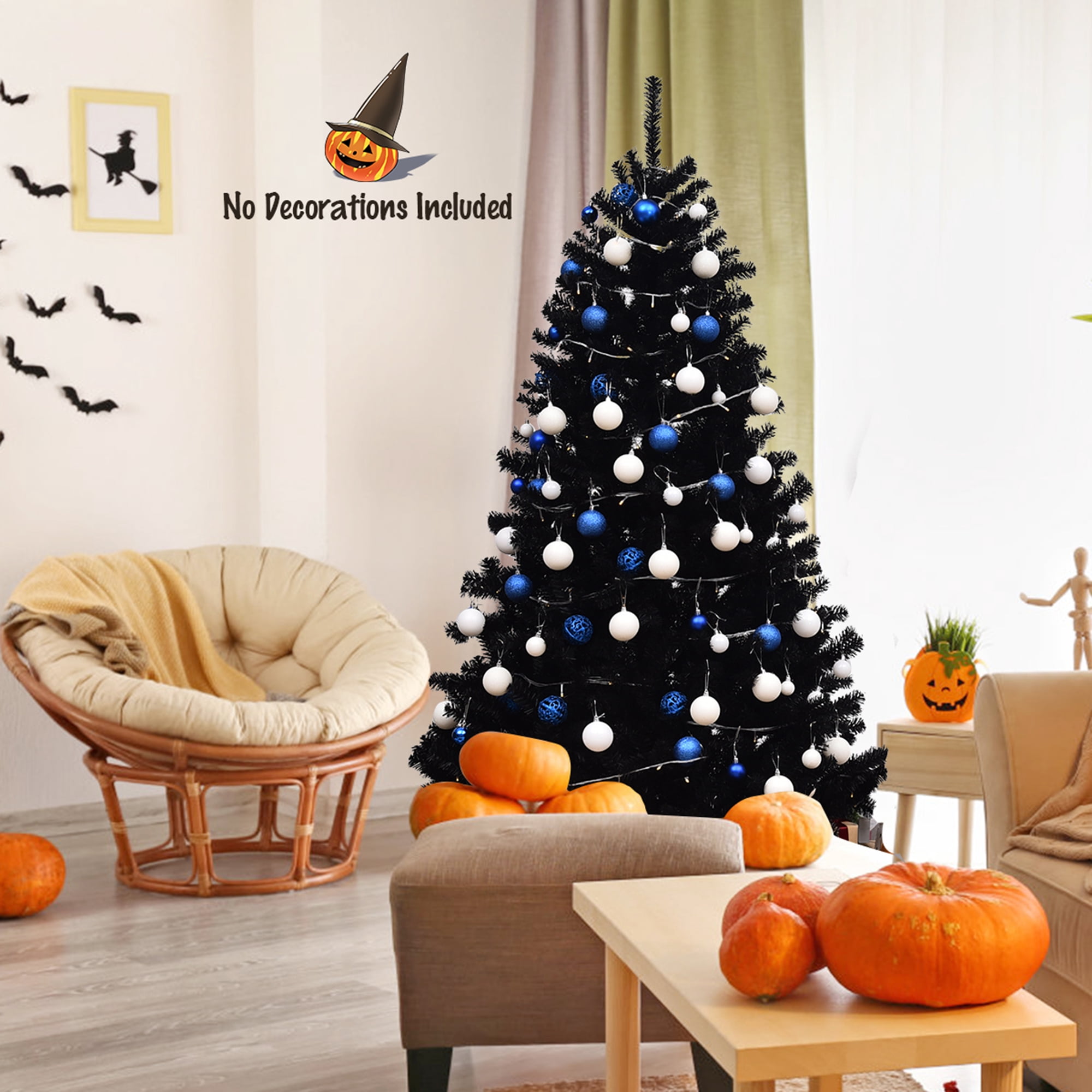 Gymax 6FT Artificial Halloween Christmas Tree Hinged Pine Tree Holiday Decoration Black