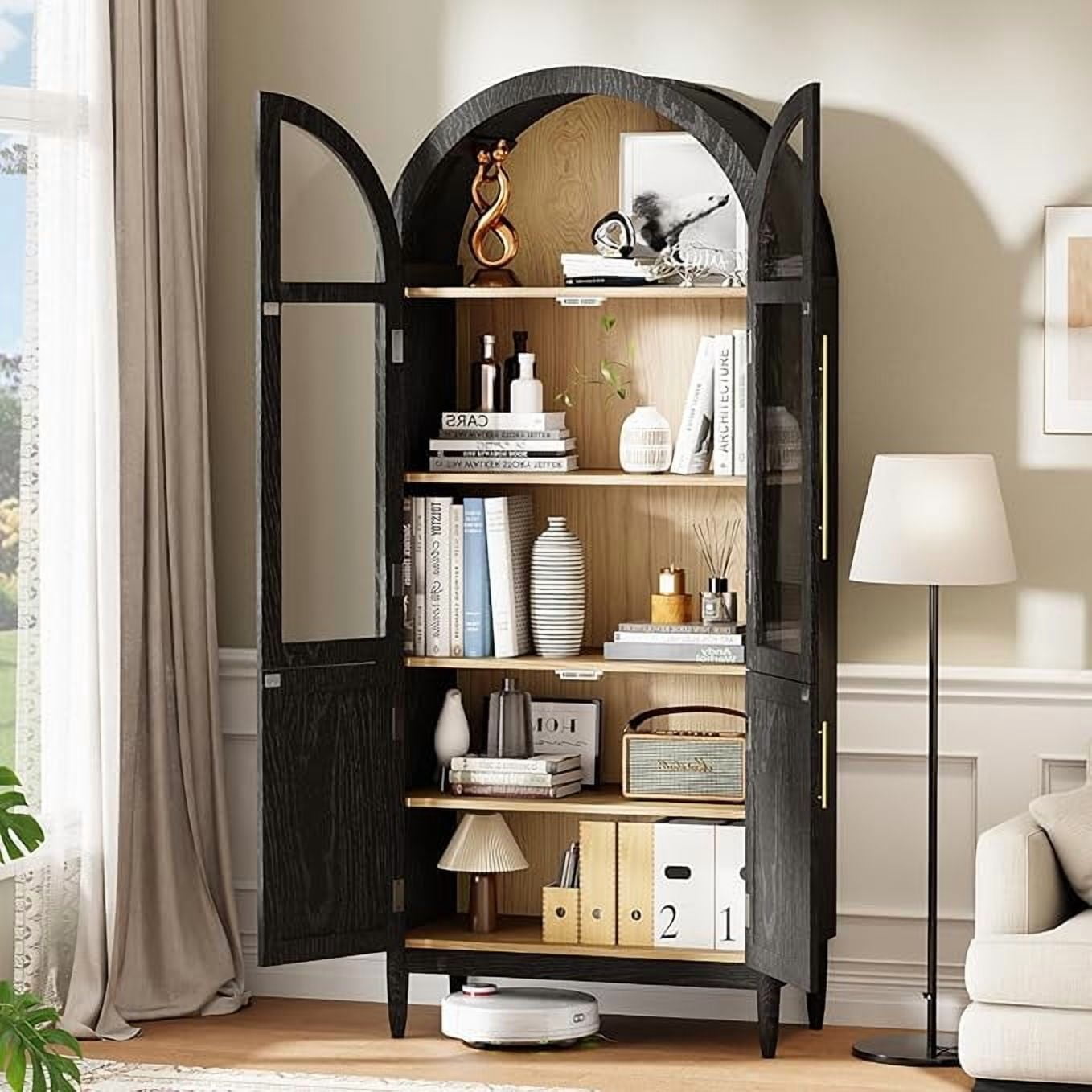 MAYEERTY 71"H Arched Accent Cabinet, Wood Kitchen Pantry Cabinets with Glass Rattan Door and Adjustable Shelf for Living Room, Dining Room, Black
