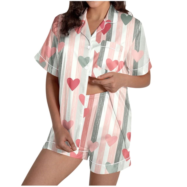 Juego de Pijama Suave para las Mujeres Impreso de Pie Cuello de Bolsillo de Manga Corta con Pantalones Cortos Coincidentes, Casual Casa Wear Lounge
