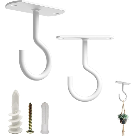 Ceiling Hooks Heavy Duty 2 Pack - Plant Hooks for Ceiling Hanging Hook for Hanging Basket Hook, Light, Bird Feeders, Wind Chimes Décor Indoor & Outdoor (White, 2.5 Inch 2 Pack)