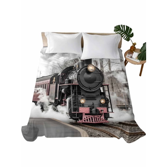 California King Flat Sheet 108"x98", Modern Trains Soft Lightweight Bedding Flat Sheets Only, Abstract Vintage Classic Brushed Microfiber Top Bed Sheet, Breathable StainResistant Bedsheets