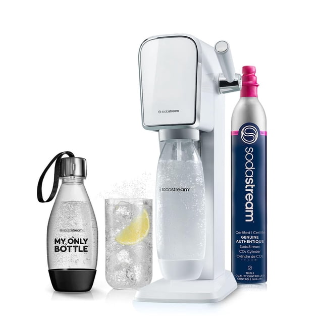 SodaStream - Fabricante de agua con gas ART | KIT DE INICIO | Sistema CQC CO2 | Incluye 1 cilindro de CO2, 1 botella de 32 y 1 de 16 onzas líquidas apta para lavavajillas, 1 gota de sabor burbujeante