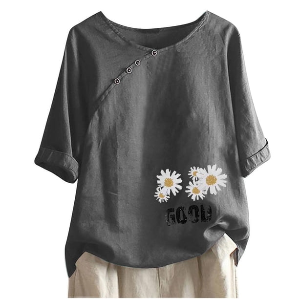 Blusas de Manga Corta para las Mujeres Impresas Cuello Redondo Camiseta Casual, Blusa de Algodón de Imitación para las Mujeres