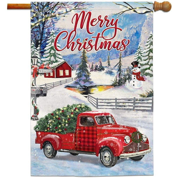 Christmas House Flags 28 x 40 Double Sided, Rustic Little Red Truck