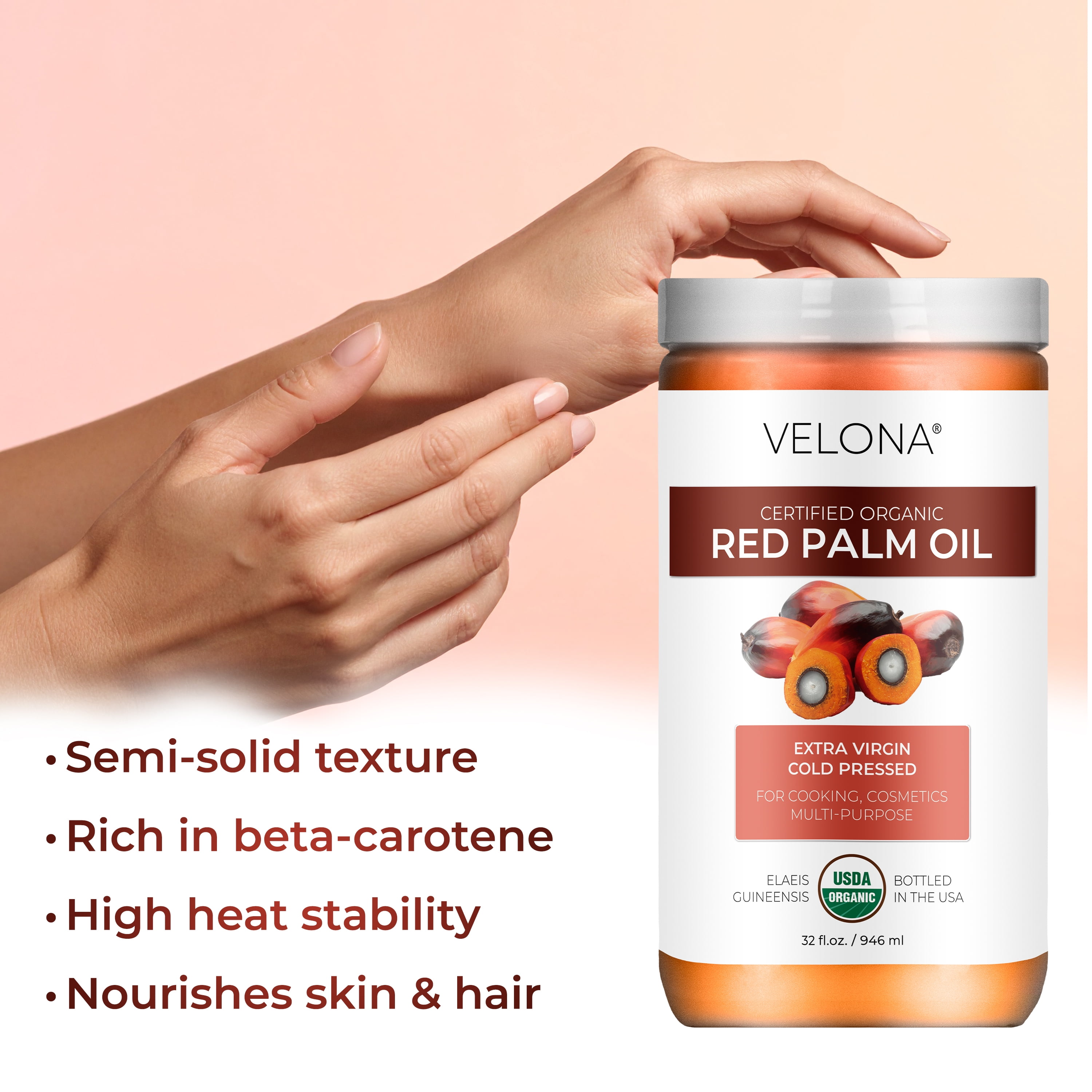 Velona USDA Certified Organic Red Palm Oil - 1 Gallon / 128 Fl Oz | Food and Cosmetic Grade | in jar | Extra Virgin, Cold Pressed | Skin, Face, Body, Hair Care | Use Today - Enjoy Results