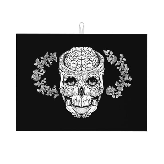 Microfiber Drying Mat, Star Skull Rose Print Dish Drying Mat for Kitchen Counter, 18 x 24 inches Black