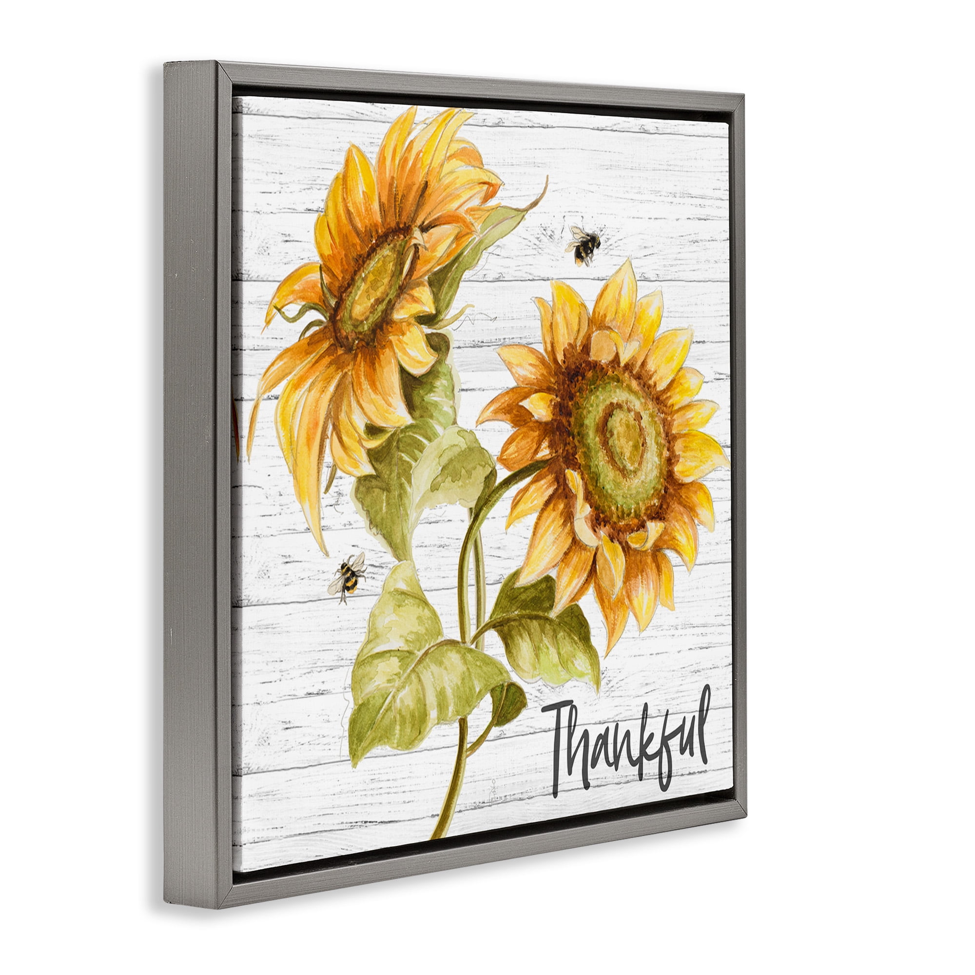 Stupell Industries Thankful Country Sunflowers Botanical & Floral Painting Gray Floater Framed Canvas Art Print Wall Art, 25 x 25