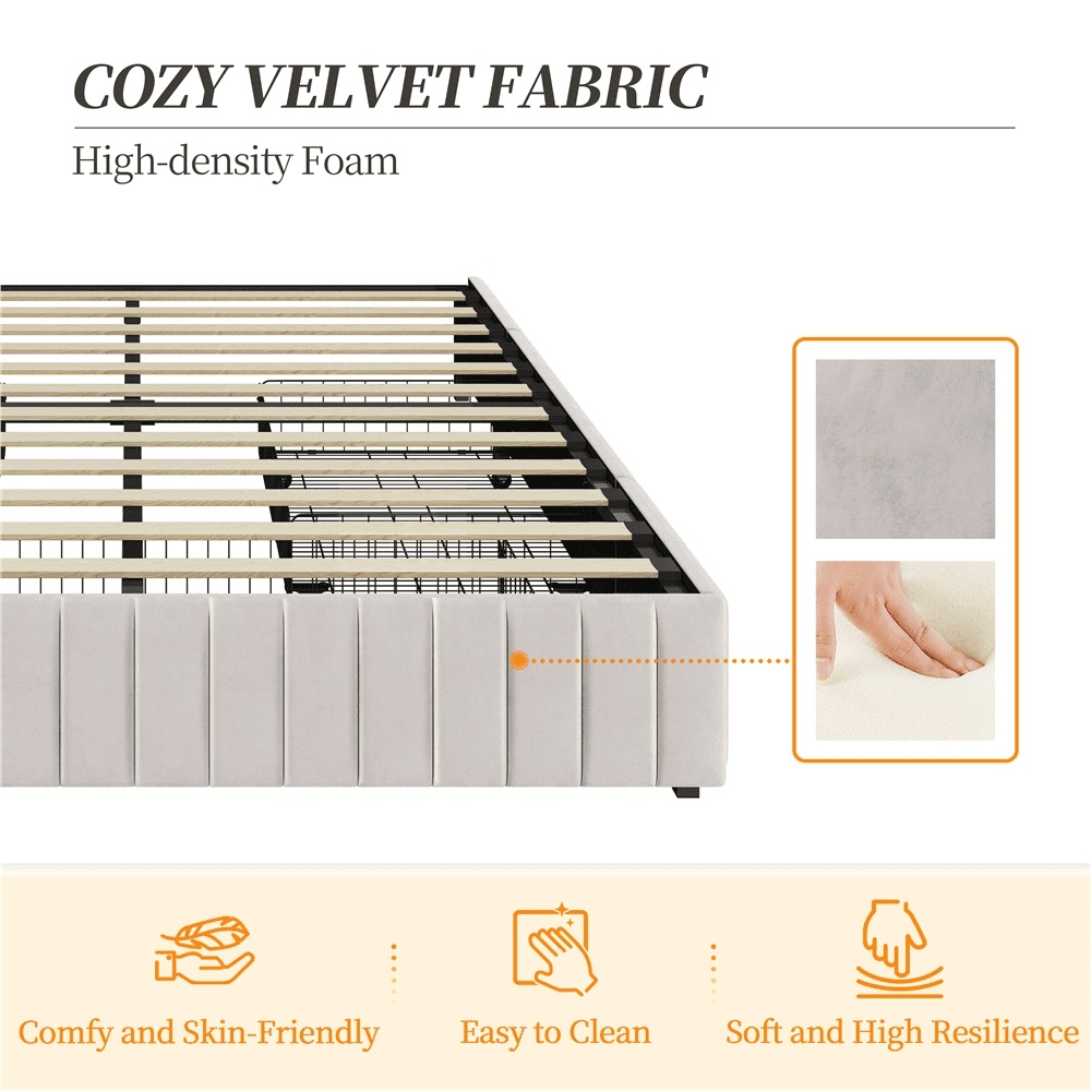 Fullfurnique Upholstered Platform Bed Frame with Three Storage Drawers, Queen, Beige