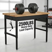 60 Inch Adjustable Workbench with Power Outlet, 2500 LBS Heavy Duty Workbench with Hardwood Top, 6-Level Height Adjustable Garage Work Table with Wheels, Rolling Workstation for Workshop