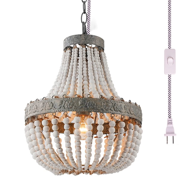 Lámpara Colgante de Cuentas de Madera Newrays Estilo Bohemio Boho con Acabado Gris y Blanco, Diseño Playero, 35 cm x 42 cm - Enchufe