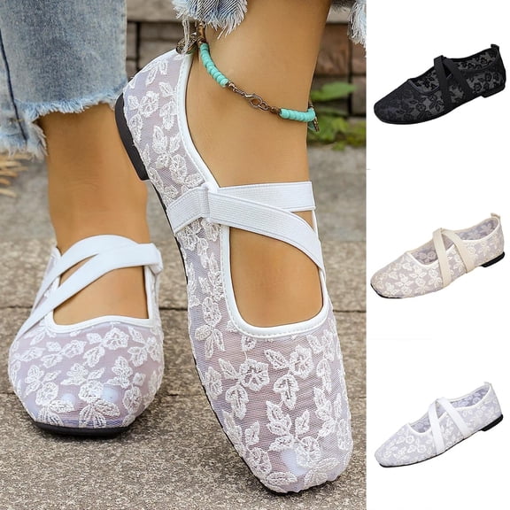 GERsome Ballet Flats for Women Square Toe Slip-On Dress Shoes Ankle Strap Lace Mesh Comfort Walking Shoes for Causal Work, White Size 5.5