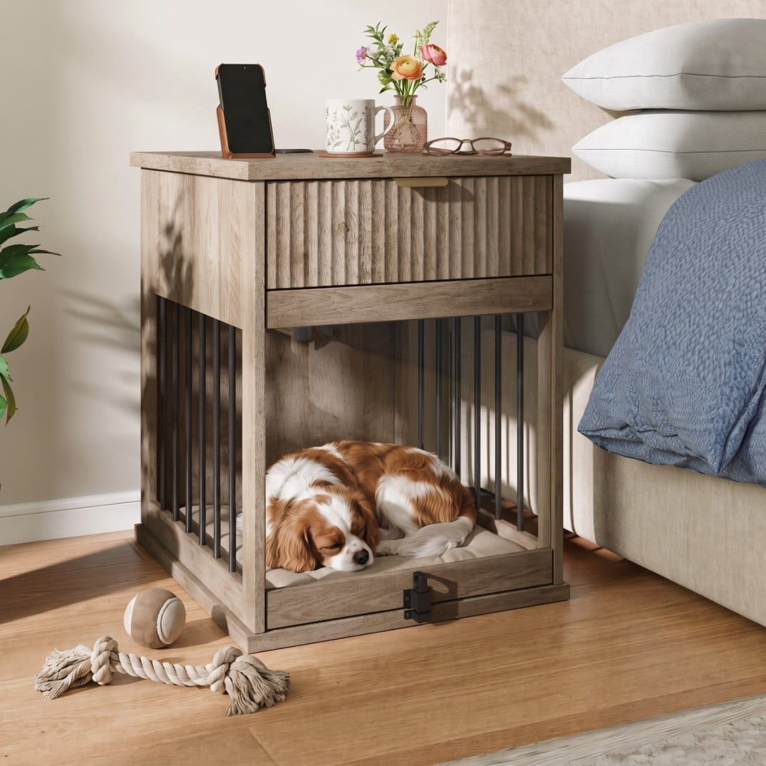 Dog Crate Furniture End Table with Charging Station, Wooden Kennel with Hideaway Tempered Glass Door, Storage Drawer, Indoor Pet House for Small & Medium Dogs, Antique Grey