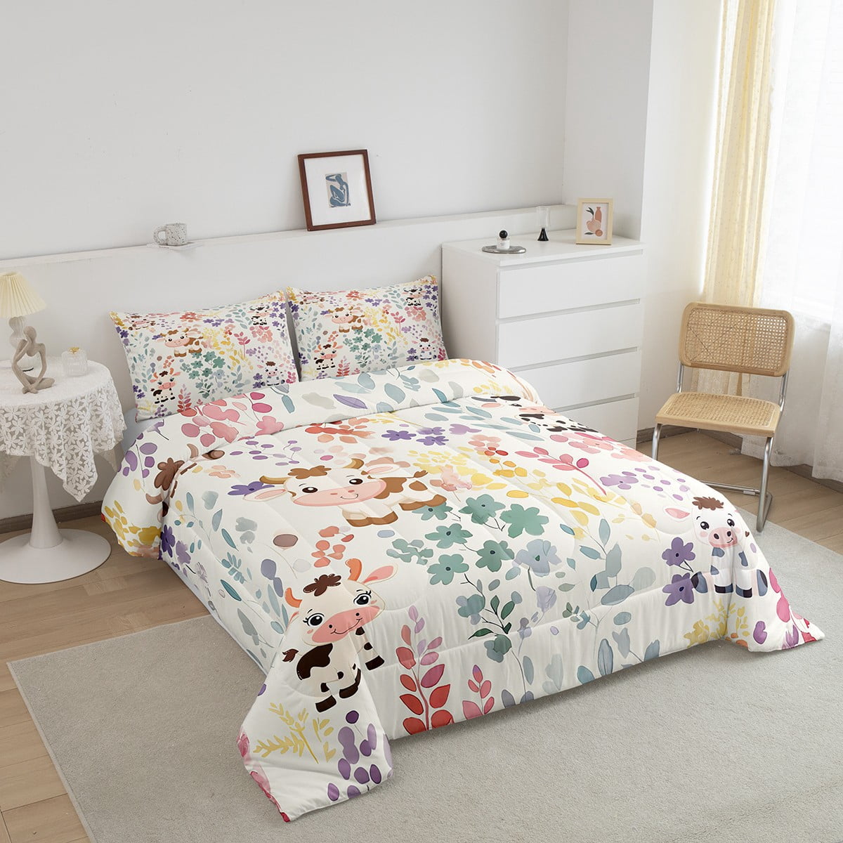 Kawaii Milk Cow Bedding Set Twin Size,Farmhouse Cow Cattle Flower Comforter Set,Cute Colorful Floral Quilt Bed Set Farm Animal Down Comforter with 1 Pillowcase