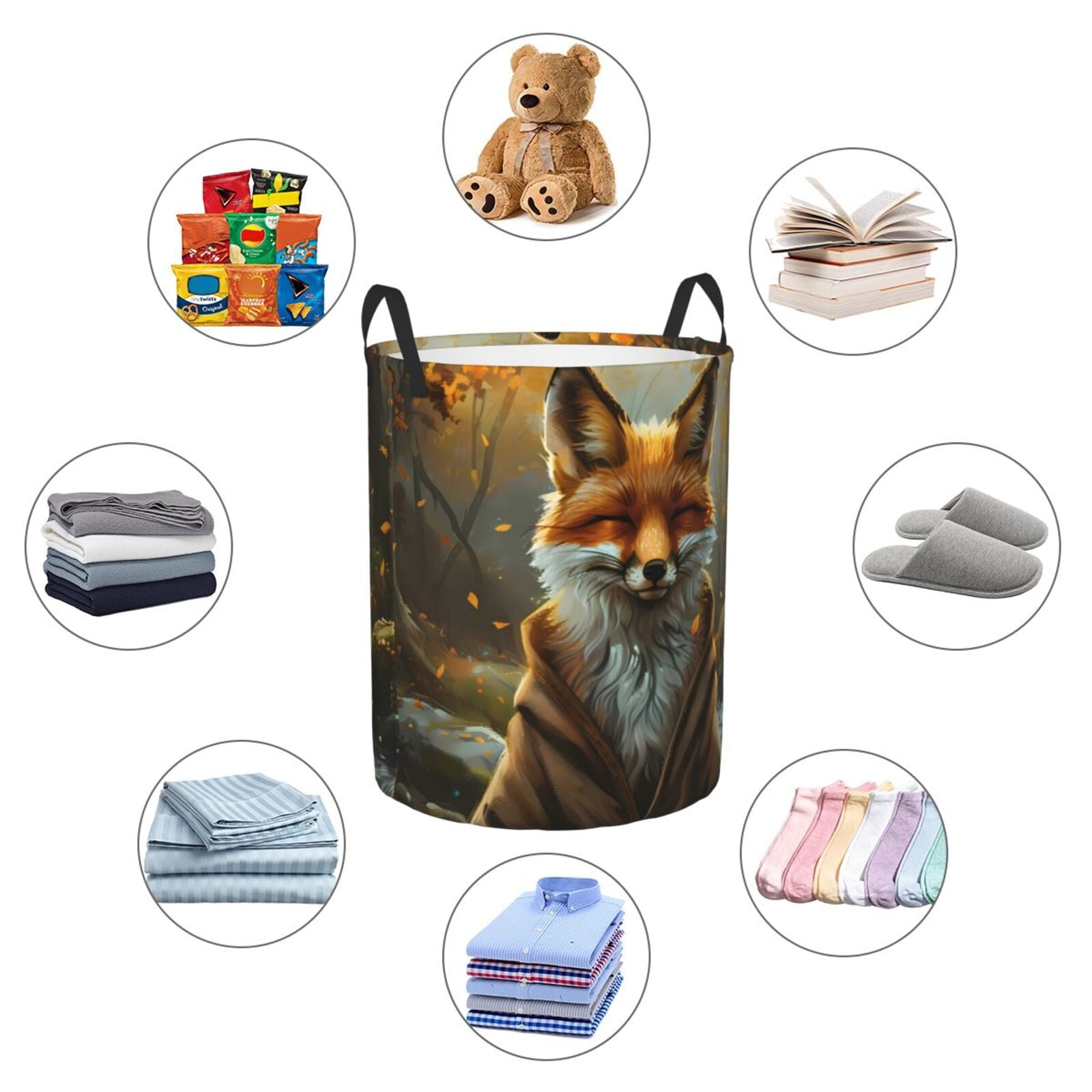 Large Laundry Basket with Handles - Streamside Meditating Fox Kids Baby Dirty Clothes Laundry Hamper for Bedroom Aesthetic