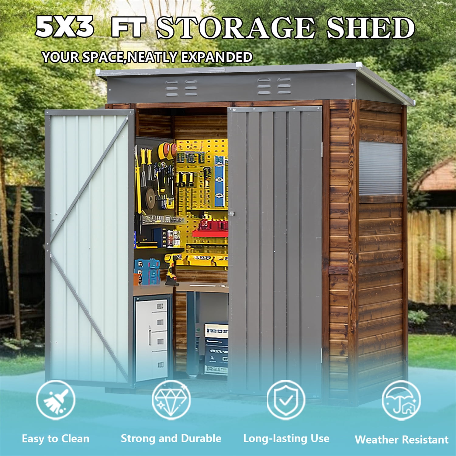 HighSound 3x5 FT Outdoor Storage Shed with Lockable Sliding Doors, Wood Heavy-Duty Metal Tool Shed, Waterproof and Anti-Corrosion, Air Vents for Garden, Backyard, Patio, and Lawn