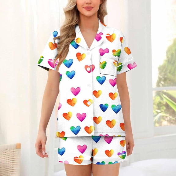 Goodtrade8 Womens Button up PJ Sets Short Sleeve Shorts & Tops Homewear Heart Print PJS Loungewear Summer Casual 2 Pieces Homewear Pajamas Set for Women Holiday